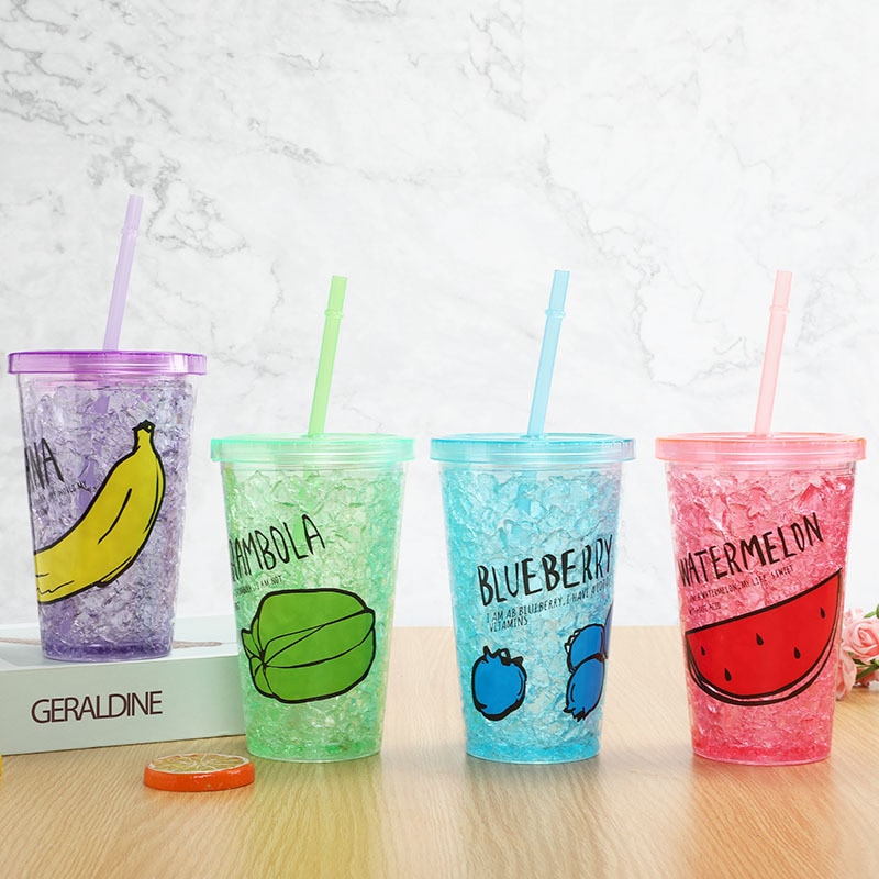 summer ice cool ice Cup cooling broken ice Cup student double-layer straw with lid portable straight water Cup: fruit 2 series