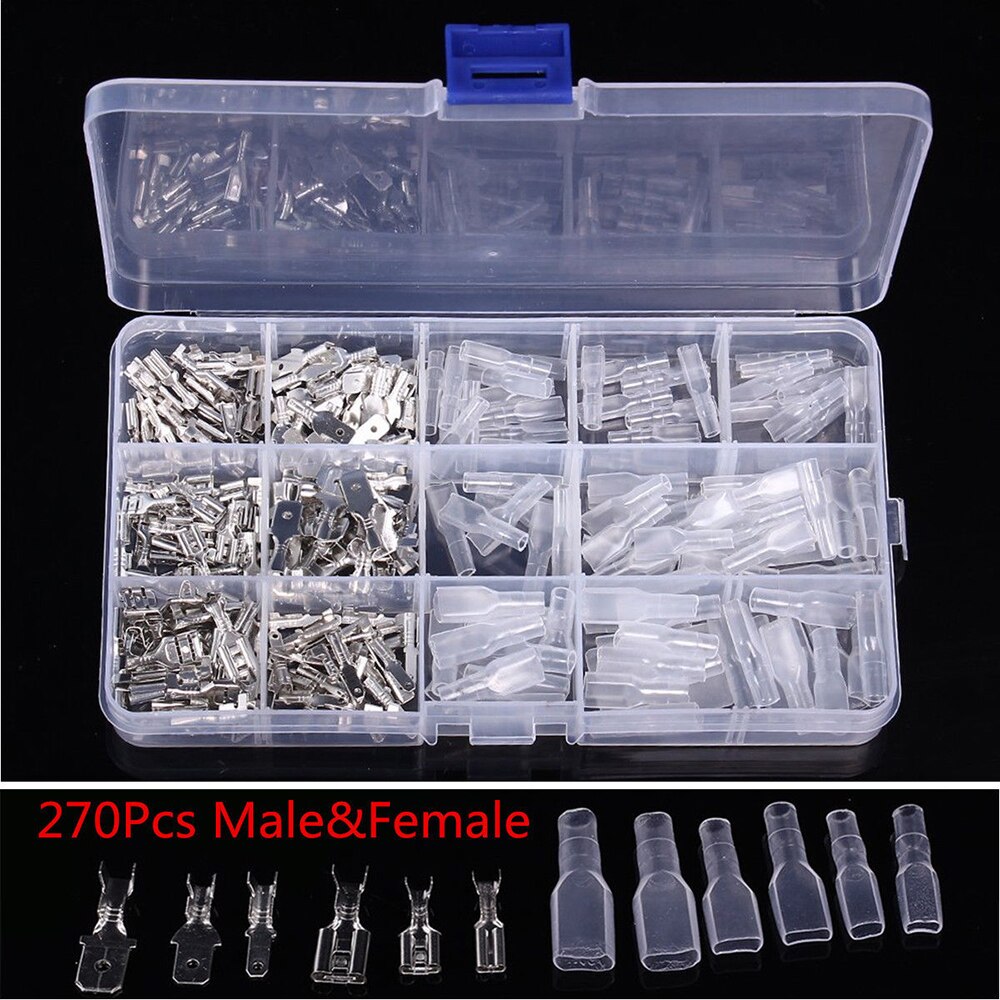 270pcs 6.3mm/4.8mm/2.8mm Assortment Terminal Kit Electrical Wire Crimp Connectors Male Female Spade Crimp terminal connector