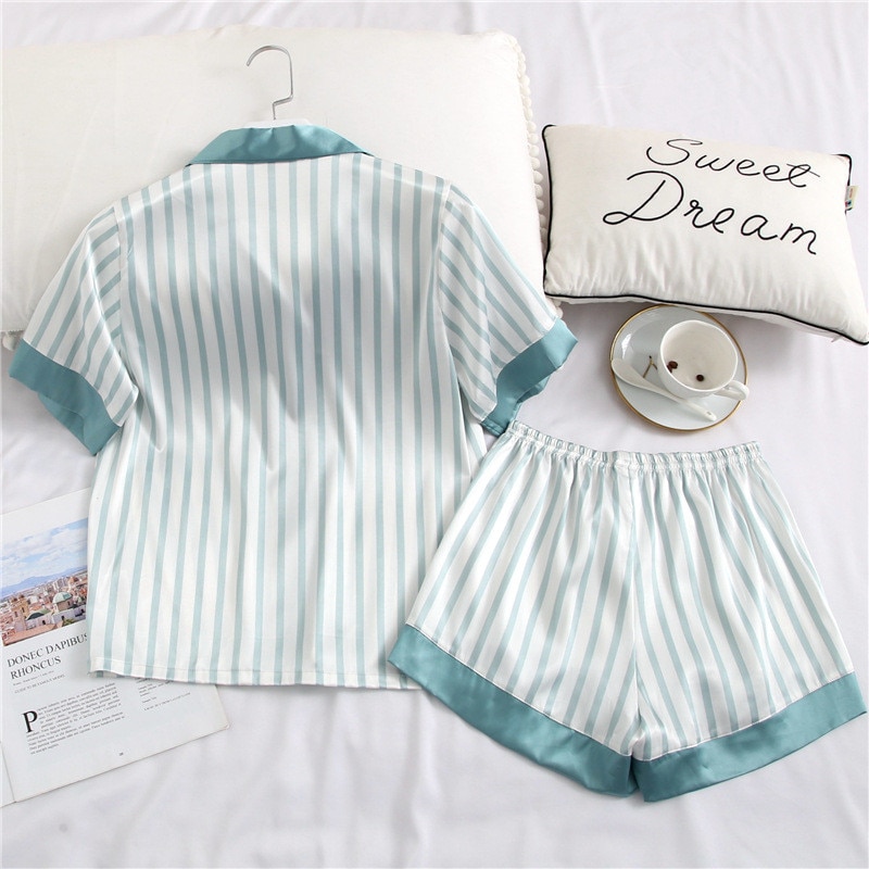 JULY'S SONG Women Pajamas Set 2 Pieces Stripe Faux Silk Pajamas Suit Cute Sleepwear Short Sleeves Sleepwear Shorts For Female