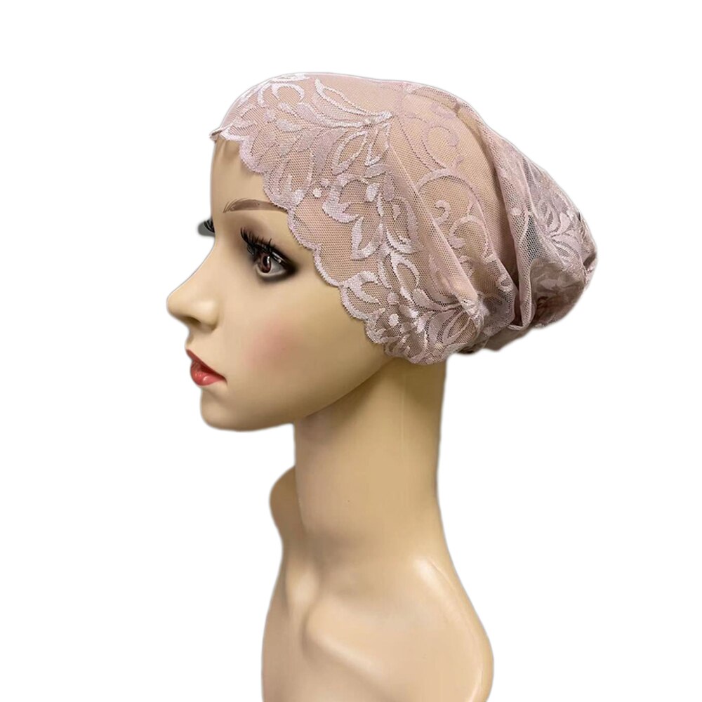 Gorro de tubo de cobertura completa para mujer, gorro interior musulmán con flores de encaje, pañuelo para la cabeza, sombrero islámico árabe, gorrito indio, turbante: 09 Gray Pink
