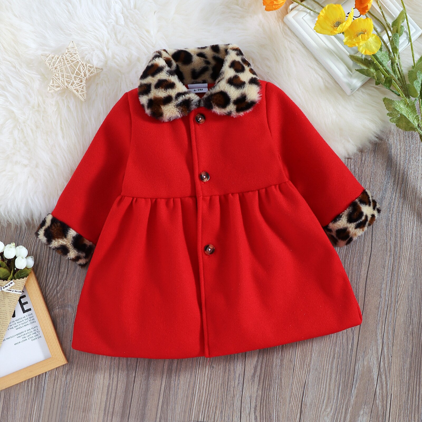 Autunno moda ragazza giacche abiti in cotone giacca per bambini abbigliamento per ragazze collo leopardato Trench lungo in lana: Red / 9-12M
