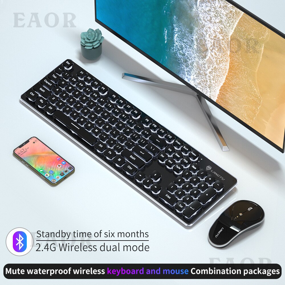 EAOR Rechargeable 2.4G Wireless Keyboard Mouse Combos 104-Keys Mute Waterproof Wireless Keyboard Set for Laptop Office PC Gamer