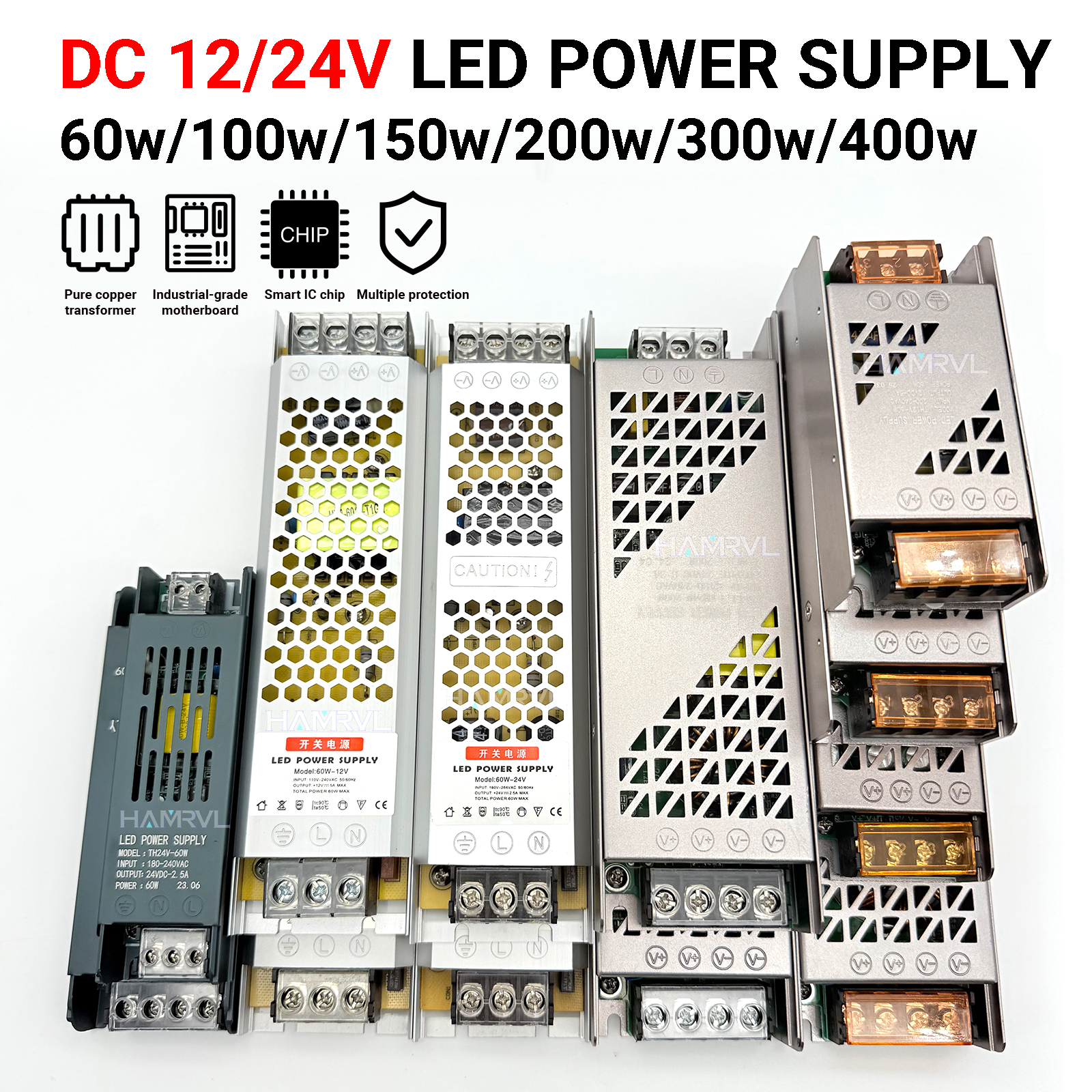 Ultratynd led-strimmeldriver 12v/24v - 60w/100w/150w/200w/300w/400w konstant spændingsstrømforsyning til hjemme-/erhvervsbelysning