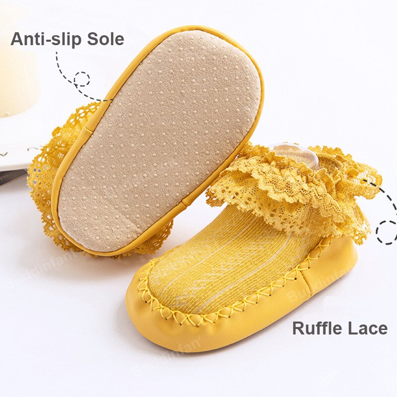 Sokken Meisje Kant Ruche Sokken Met Rubberen Zolen Voor Peuters Rubberen Zool Sokken Prinses Baby Sok Schoen slipper