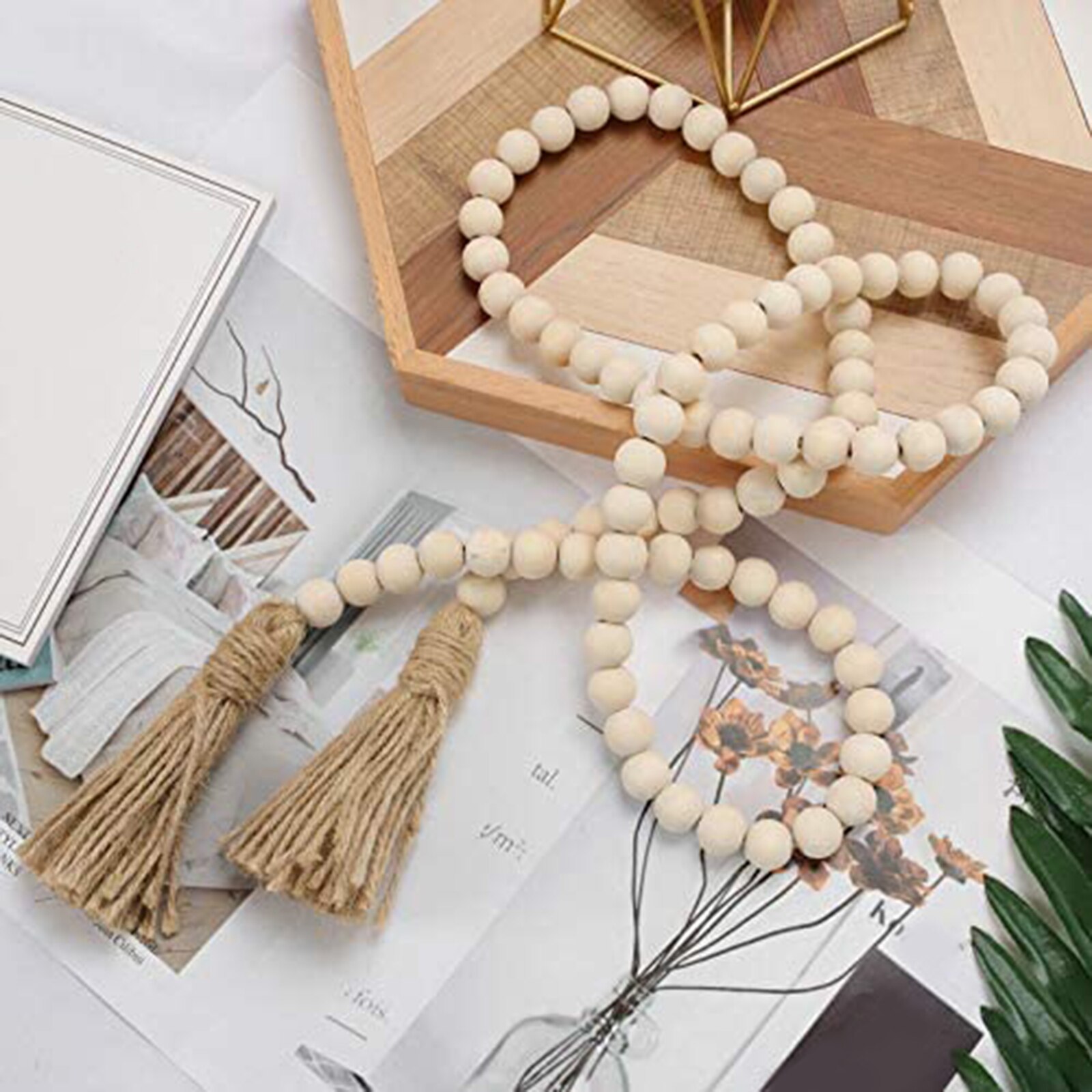 Farmhouse Wood Bead Garland with Prayer Beads with... - Vicedeal