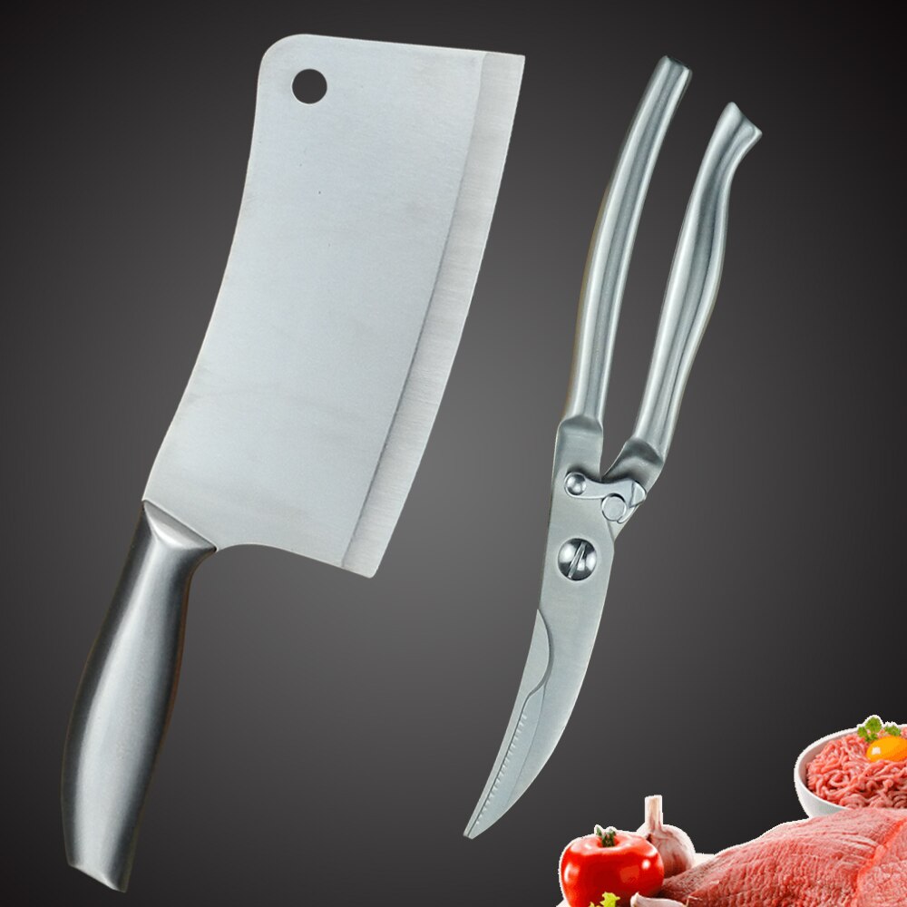 Stainless Steel Kitchen Knife Set 1-4PCS Chopping Cleaver Chef Knives Chicken Bone Scissor Cooking Tool Cutting Slicing Meat: 2PCS SET-G