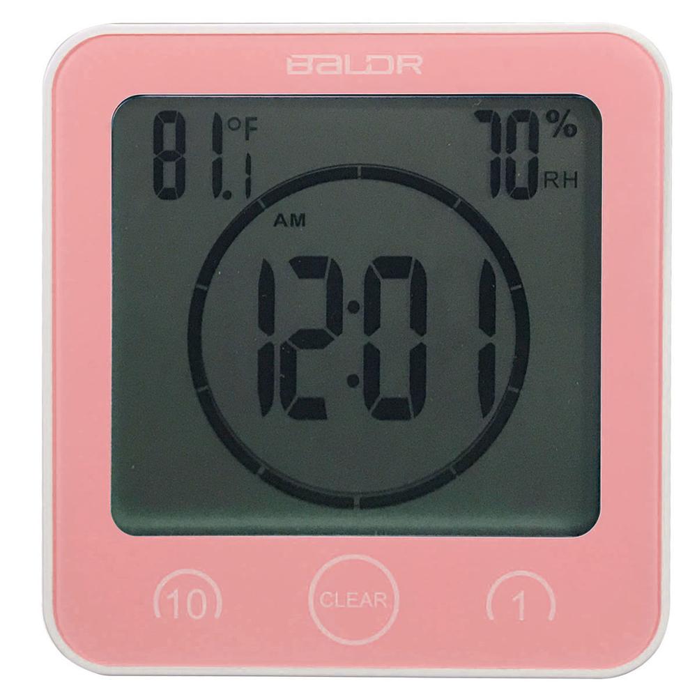 LCD numérique horloges murales étanche douche salle de bain mur aspiration horloge minuterie compte à rebours alarme temps température humidité mètre: Pink 1