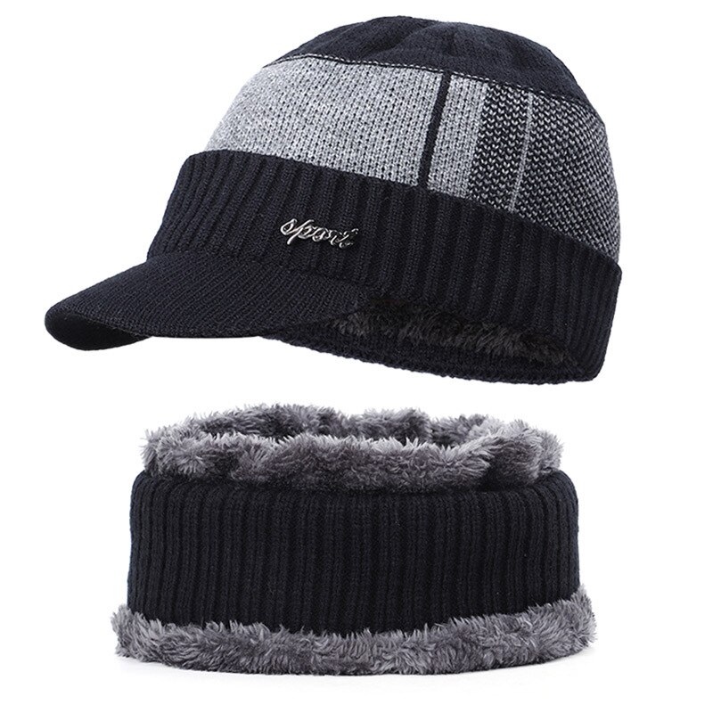 Fending luksus todelt hat og tørklæde mænds strikket hat tørklæde efterår og vinter plus fløjl hat hals uld hat sl -07: 1