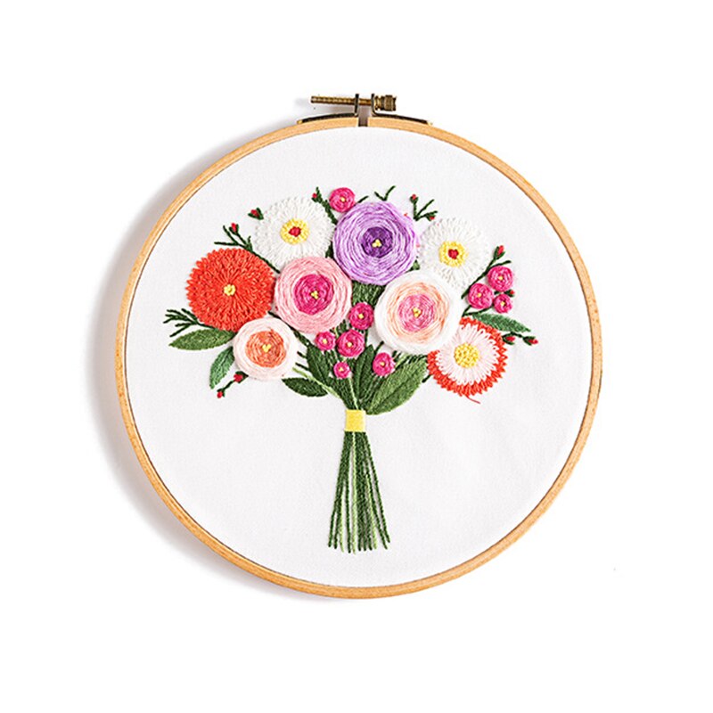 DIY Embroidery Set with Floss Hoop Needles Cloth Flowers Pattern Hand Embroidery Kit for Beginners Craft Sewing Needlework Tool