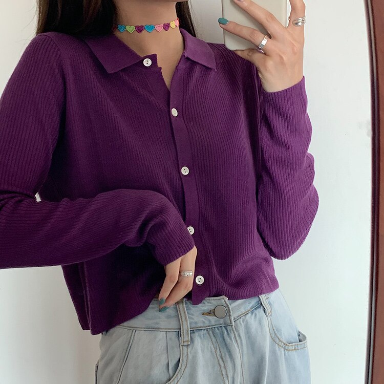 Polo col Cardigan veste femmes tricoté printemps coréen tricot Cardigans culture tricoté doux pull pour les femmes: purple