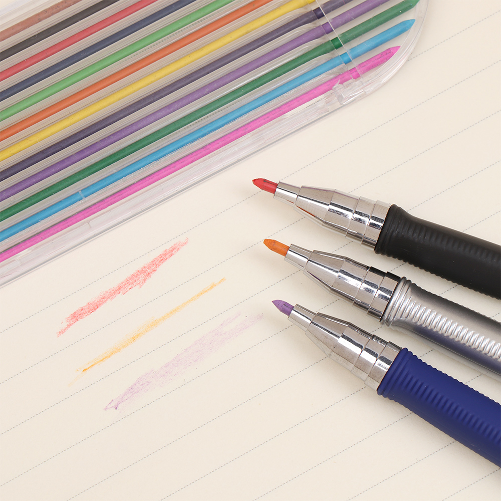 Mekanisk blyant 2.0mm 2b glat tegning skriveaktivitet blyant med 12- farve refill papirvarer kontor skoleartikler