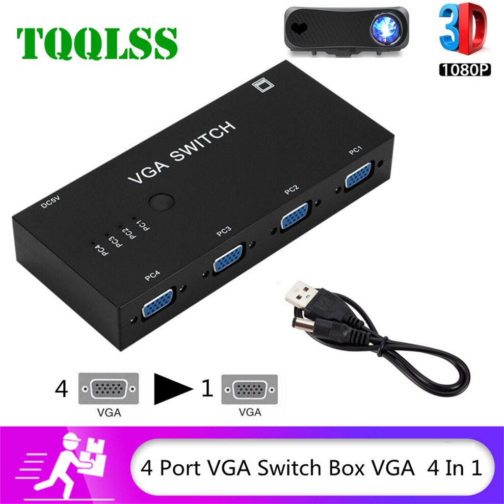 TQQLSS 4 In 1 Out VGA Switcher 4 Port VGA Switch Box VGA for Consoles Set-top Boxes 4 Hosts Share 1 Display Notebook Projector