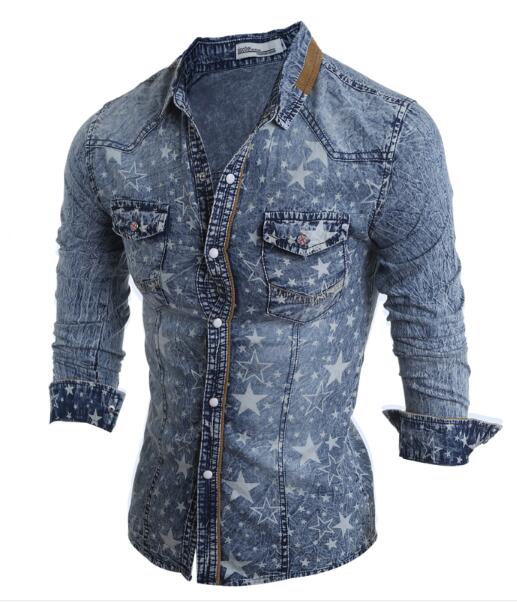 Cowboy miesten paita pitkähihainen miesten denim paita merkki denim paita tähtikuvio aasialainen koko sininen: Vaaleansininen / Xl