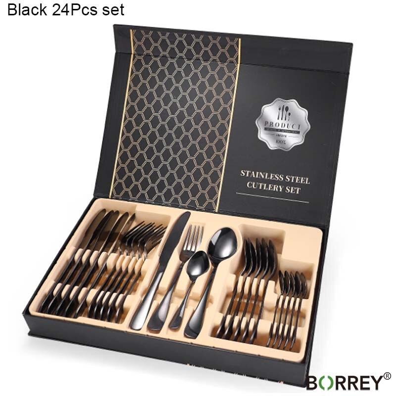 BORREY 24 Uds juego de cubiertos de acero inoxidable, cubiertos de oro rosa, cubiertos de oro, conjunto de vajilla para cena, juego de vajilla occidental: Black(24pcs)
