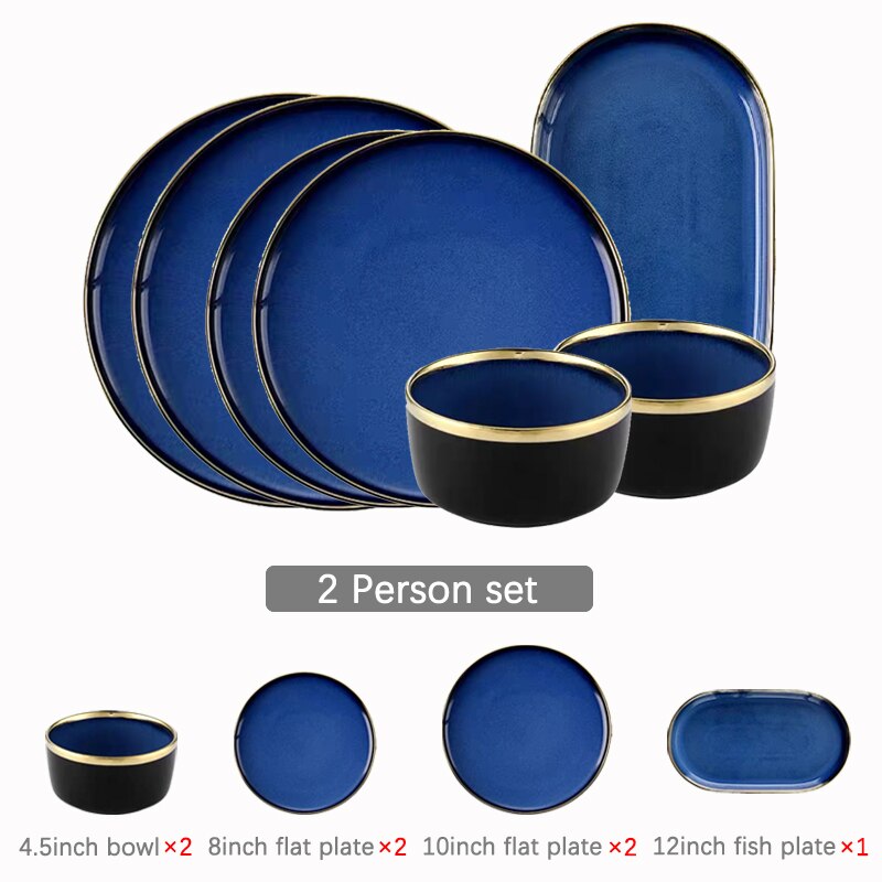 Service de vaisselle en céramique bleue, vaisselle de luxe, bordure dorée, porcelaine, assiettes, salade, nouilles, bol pour Restaurant