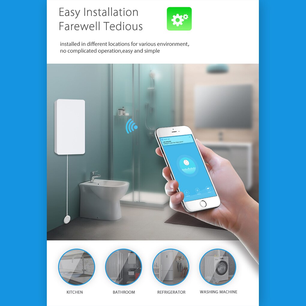 Tuya Kitchen Water Overflow Alarm Alert 2.4Ghz Wireless Smart Flood Sensor Plastic Water Leakage Detector Security