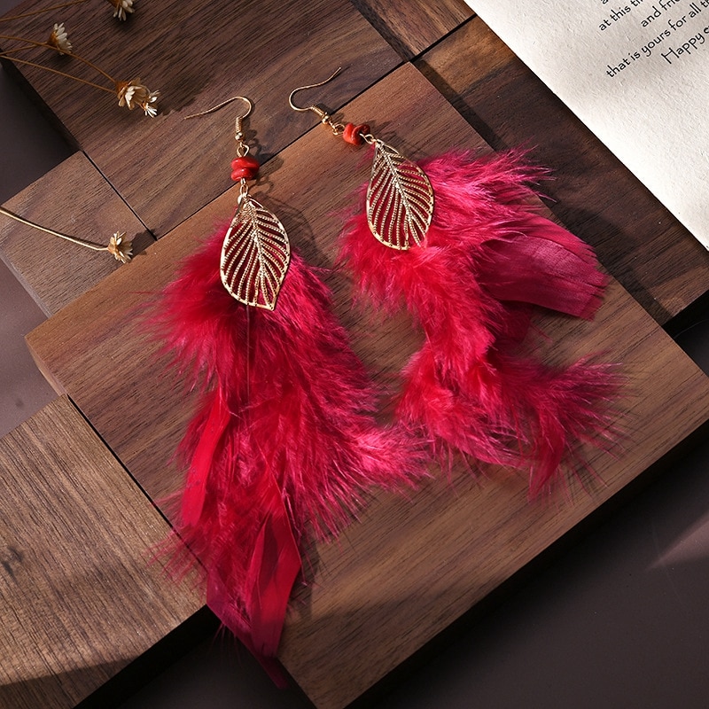 Pendientes largos de pluma roja para mujer, aretes colgantes de , estilo bohemio Vintage, hoja dorada, piedra, joyería India