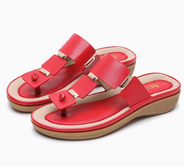 Kvinner tøfler flip flops sommer strand sko kiler slides jenter flate sandaler bohemiske fritidssandaler og tøfler  hy155: Rød / 7
