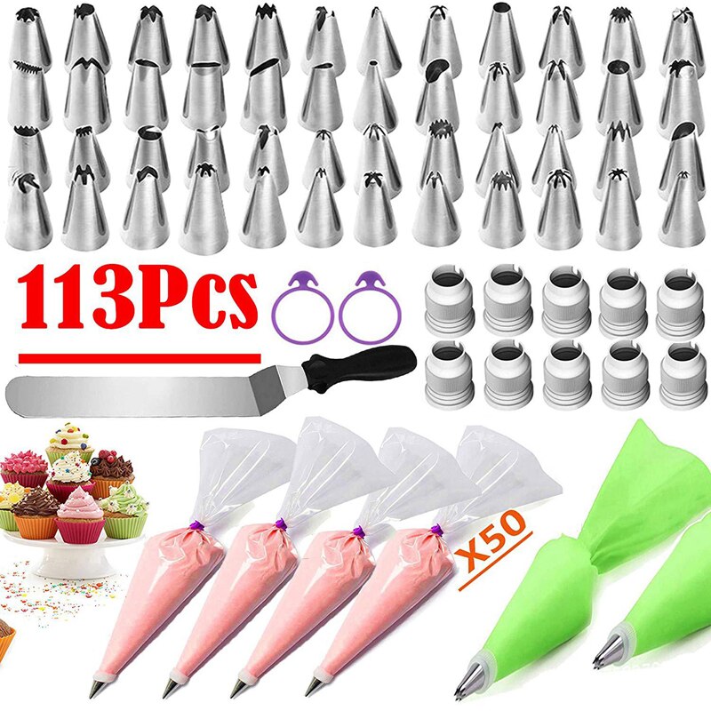Cake Decorating Set Piping Nozzles Tips Pastry Scraper Converter Silicone Cream Bag DIY Cupcake Dessert Baking Supplies Kit: 113 PCS