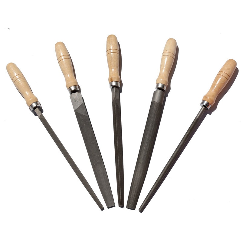 High Carbon Steel File Set with Wooden Handles Rasp File for Wood, Metal, Plastic, 5 Pieces (Steel File)