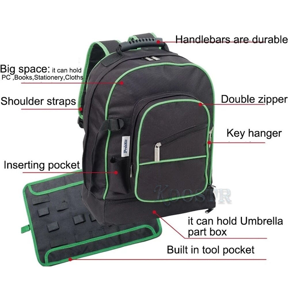 Pro'skit 9ST-307 Multipurpose Double Shoulders Tool Bag Electrician Toolkit Universal Travel Bag Big Storage Repair Backpack