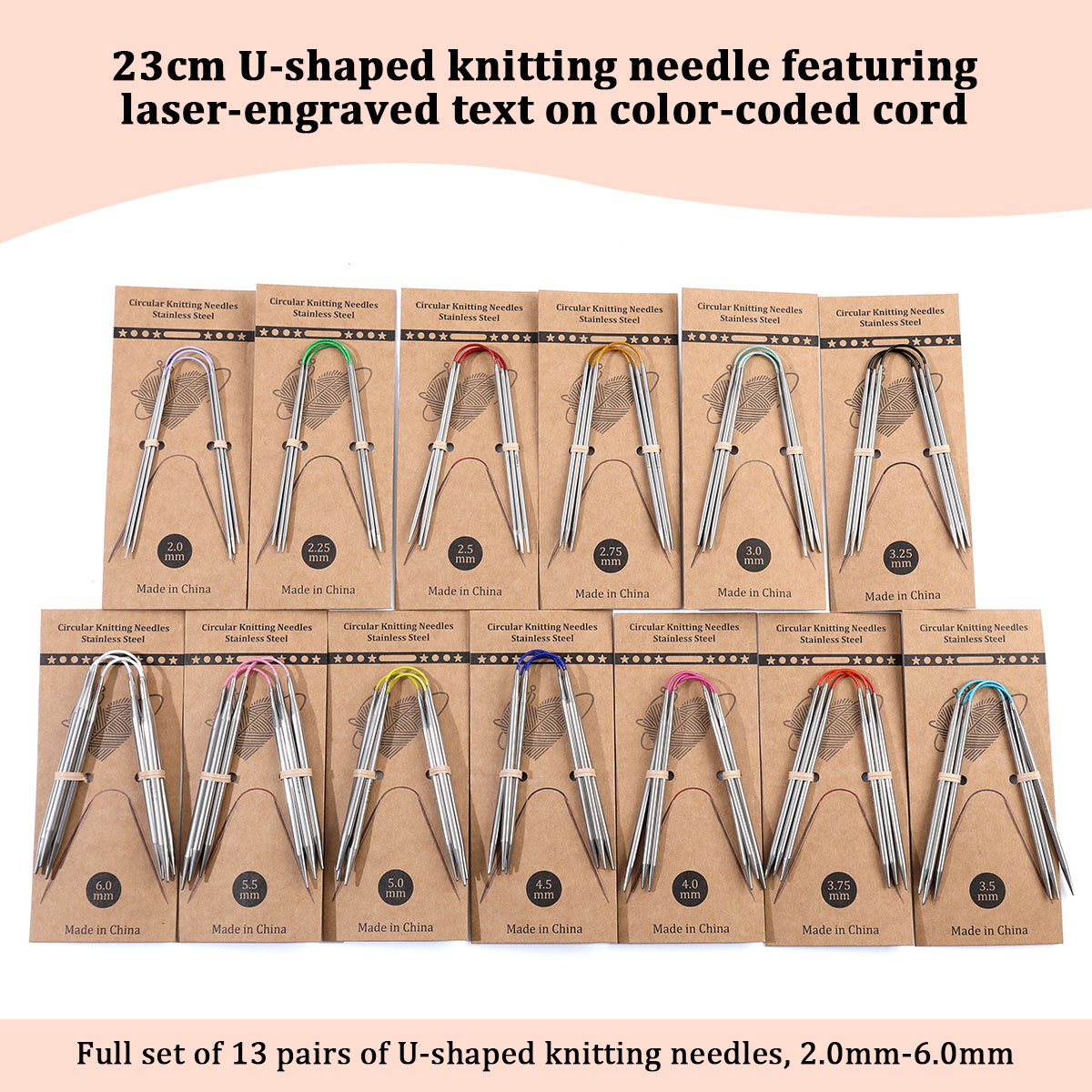 Agujas circulares cortas de 23cm, herramientas de tejer a mano huecas de acero inoxidable para manualidades de lana DIY