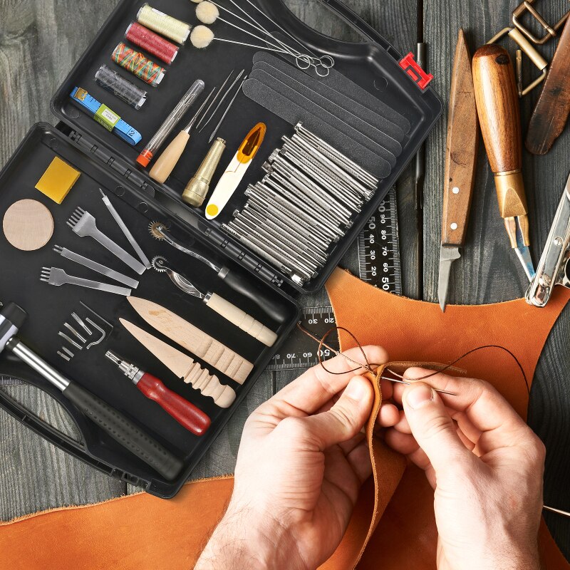 128 Pcs Leather Work Tool Kit Leathercraft and Supplies with Leather Stamping Tools Rivets Kit Prong Punch for Leather Crafting