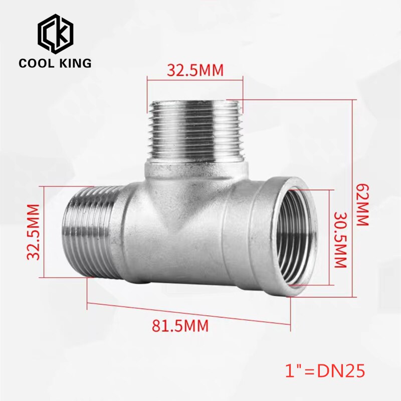 Dn8/dn15/dn25/dn32 han+han+hun gevind 3 -vejs tee t rørfitting 1/4 &quot; 1/2 &quot; 3/4 &quot; 1 &quot; 1-1/4 &quot; bsp gevind 304 rustfrit stål