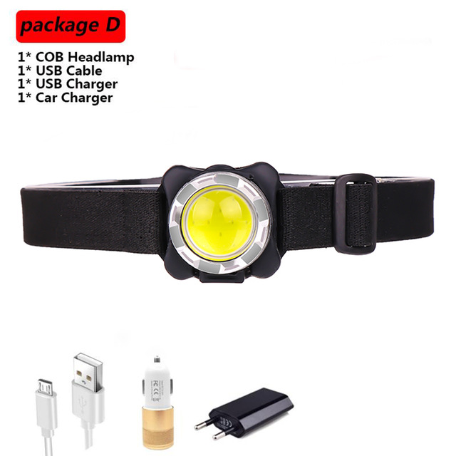 Brightest Headlamp USB Headlight COB LED Head Lamp Rechargeable Head Light Waterproof with Built-in Battery White Red Lighting: Package   D / Silver