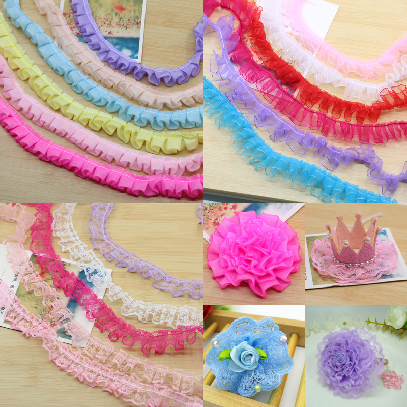 Ruban en dentelle Organza plissé multicolore, 1 mètre, 2 couches, tissu maille froncée, bricolage de robe de mariée, garniture en dentelle, artisanat de couture