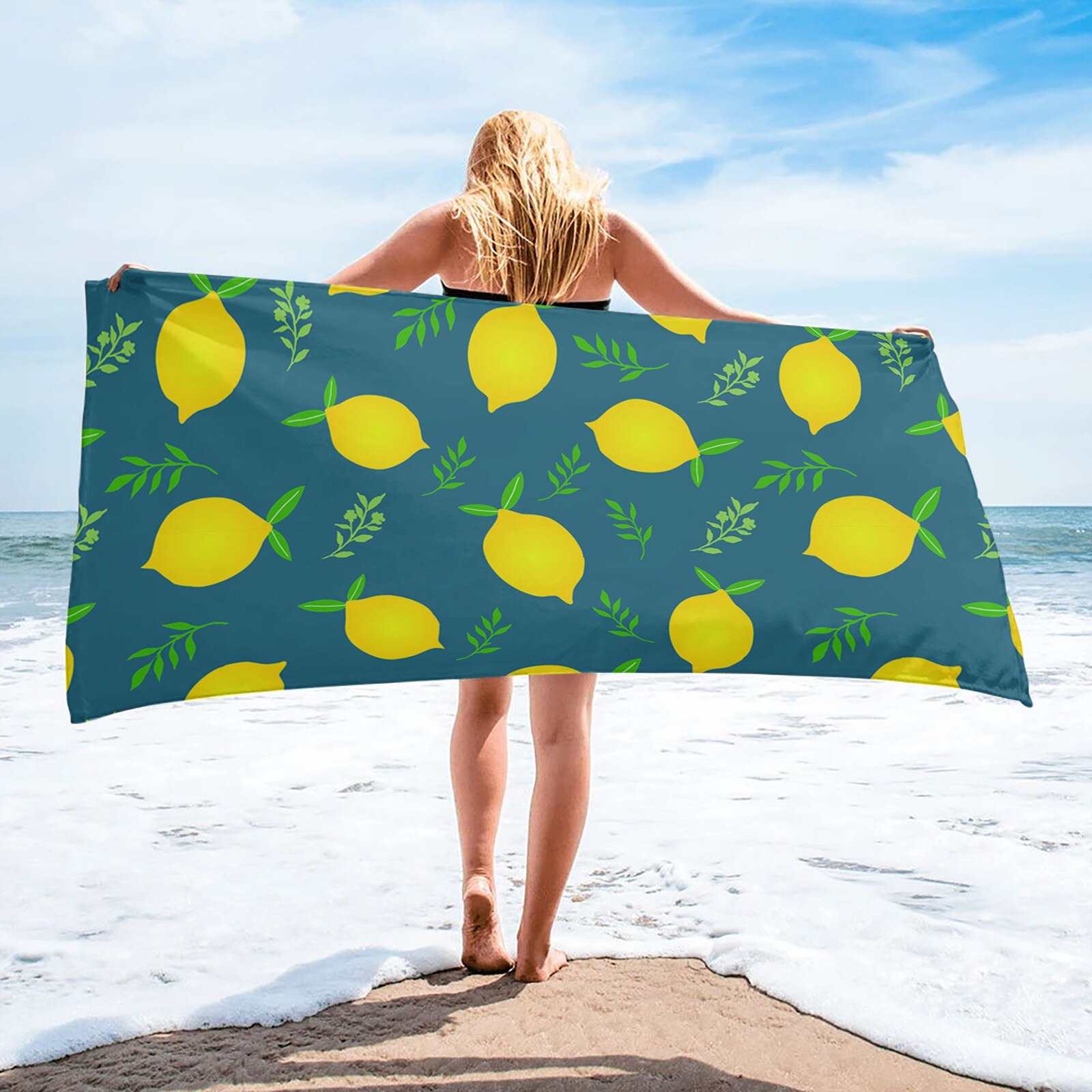 Verse Fruit Citroen Blauwe Achtergrond Badhanddoek Voor Volwassenen Thuis Essentials Zomer Zwemmen Strand Handdoek Snel Droog Gezicht Handdoek