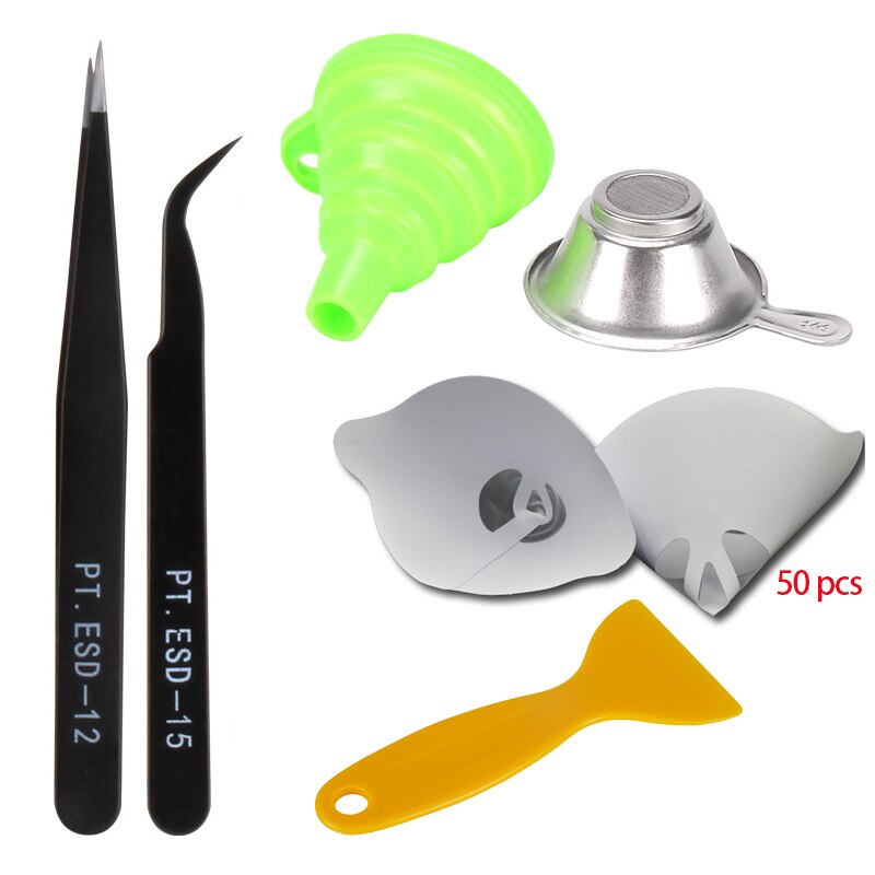 Entonnoir en papier SLA, tasse à filtre en résine UV, pincettes en silicone, pelle d&#39;outil spéciale pour imprimante 3D SLA, 50 pièces: green kit
