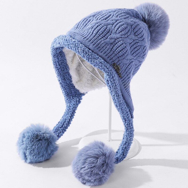 Bonnet épais et en polaire pour femme, bonnet tricoté, avec trois pompons, pour le Ski, idéal pour l'hiver, HT3797: Bleu