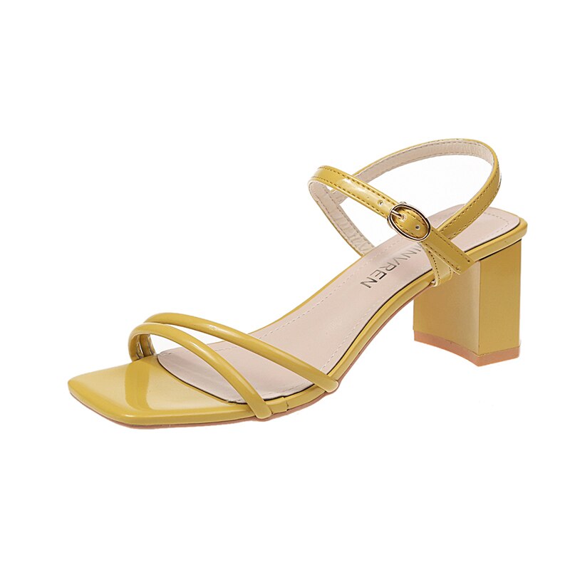 Lazyseal 6cm höga klackar vita sandaler kvinnor sommarrep ankelrem sandaler dam fyrkantiga klackar klassiker skor gula tofflor: Gul / 9