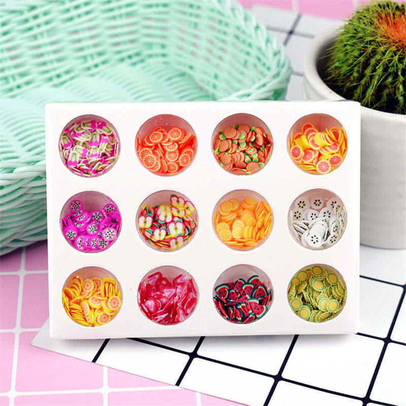 12 Gaten Slime Zachte Aardewerk Fruit Slice Pearl Sequin Sprinkles Filler Kinderen Speelgoed Boetseerklei Diy Accessoires Nail Art Tips: Soft pottery fruit