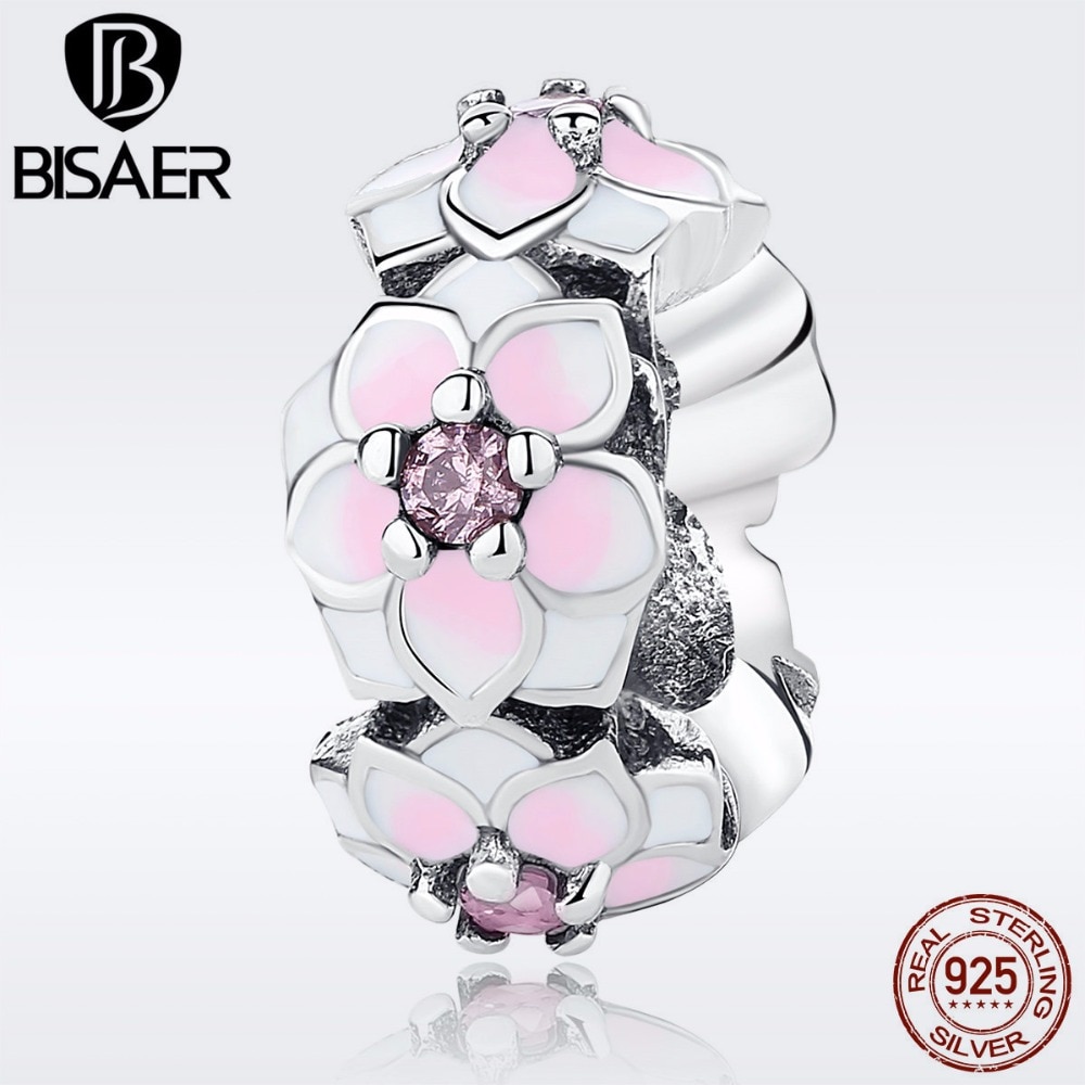 925 Sterling Silber Magnolie Blüte cerise Emaille Rosa Blume Charme Perlen passen für BISAER Armbänder DIY Schmuck Machen Abstandshalter