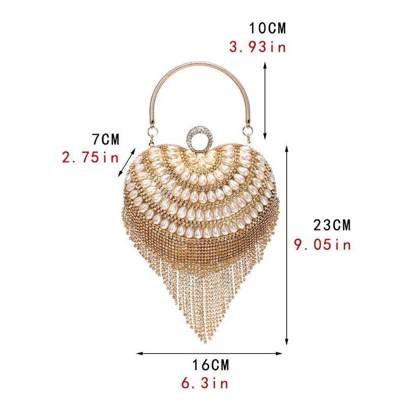Small Clutches Women Tassel Heart Day Finger Ring Metal Crystal Evening Bags with Handle Beaded Purse Party