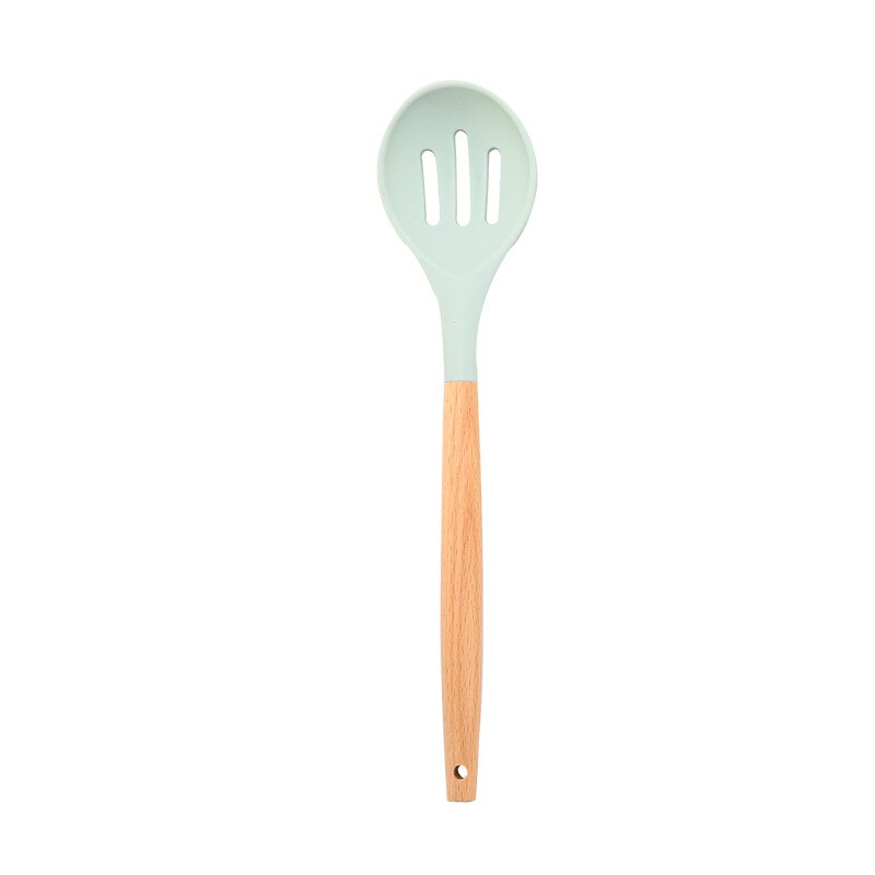 Non-Stick Silicone Spoon With Wooden Handle Slotted Serving Spoon Heat-Resistant Cooking Utensil Soup Spoons For Kitchen Baking: Light Green