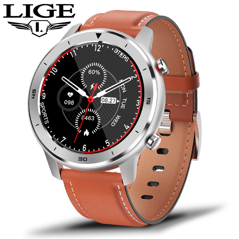 LIGE IP68 étanche montre intelligente hommes fréquence cardiaque surveillance de la pression artérielle plein écran tactile contrôle de la musique Sport Smartwatch: Belt silver orange