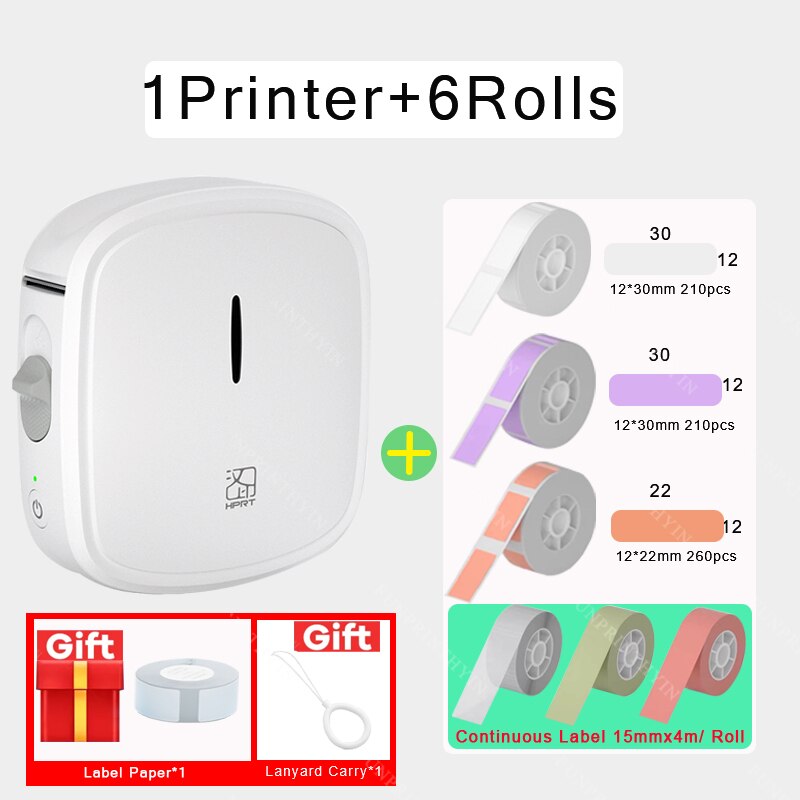 HPRT Q2 Thermal Label Printer Portable Pocket Label Maker Mobile Phone Home Office Use Mini Printing Machine No Ink For Home: White Printer 6Roll