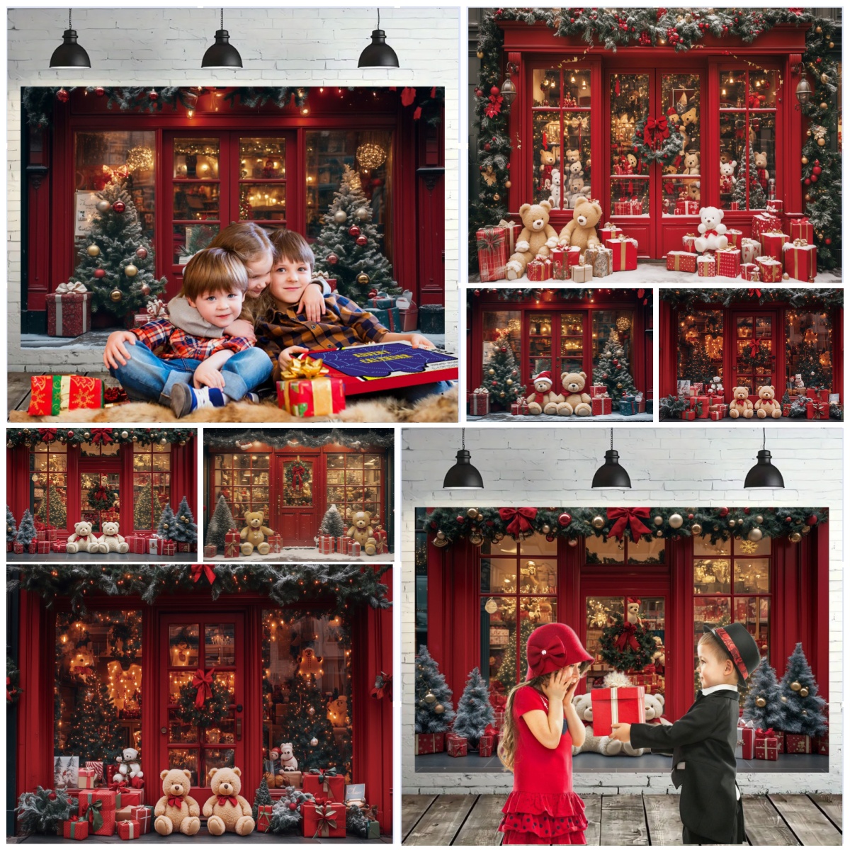 Natal foto fundo vintage loja vermelha ursos de pelúcia grinalda presentes crianças festa família retrato decorações aniversário pano de fundo