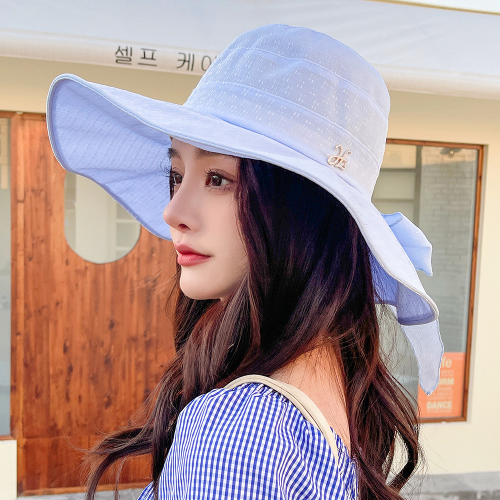 Vrouwen Zomer Zon Hoeden Plain Kleur Mode Boog Zonnehoed Vrouwelijke Outdoor Zon Reizen Strand Hoed: Blue