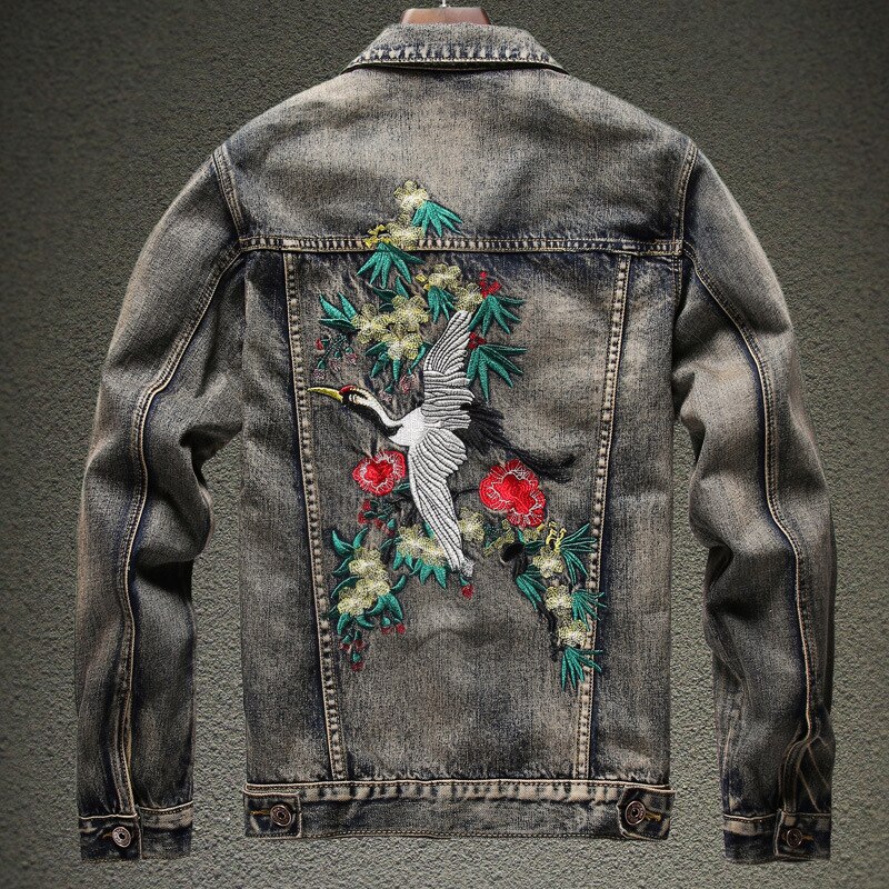 PYJTRL Men's Slim Fitting Denim Jacket Style Embroidery Denim Coat