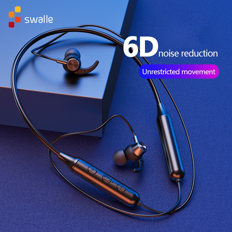 Swalle Bluetooth 5.0 Wireless Sports earphone Stereo Subwoofer Hanging Neck Hanging Metal Magnetic Bluetooth Headphone