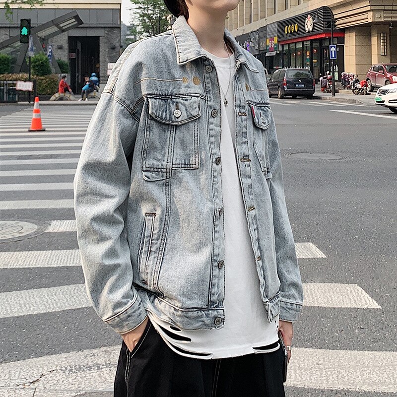 Spring and autumn teenagers denim jacket men loose casual all-match hip hop embroidery Korean youth handsome jacket