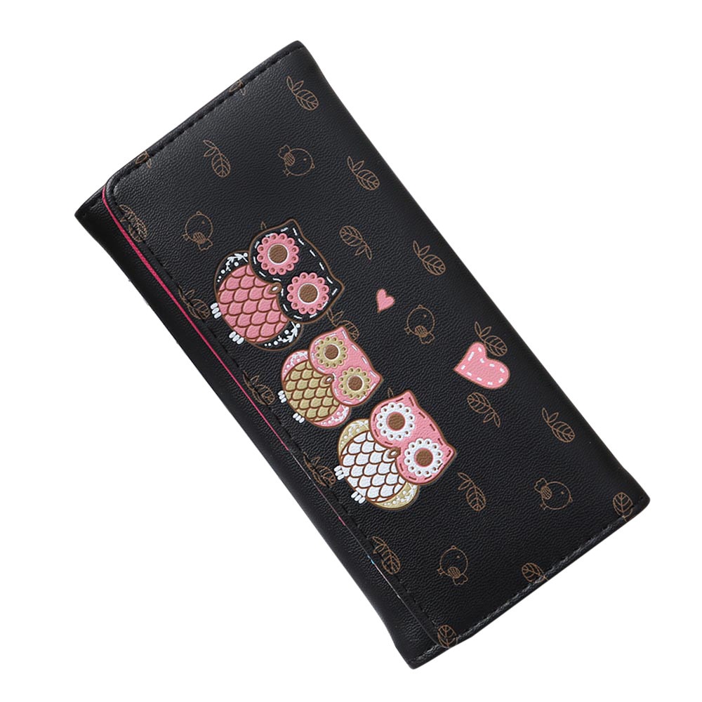 Women Simple Retro Owl Printing coin purse leather women wallets with Long Wallet coin pocket bag credit card: Black
