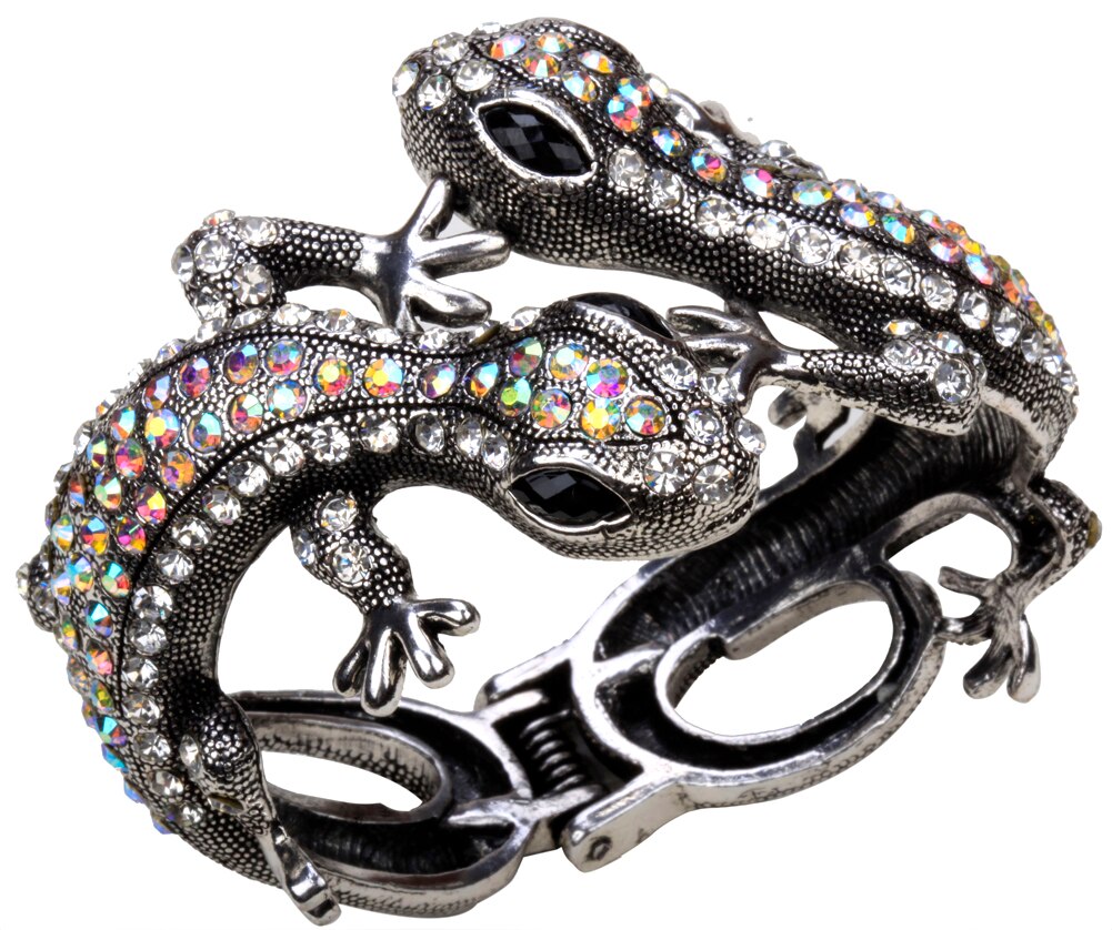 YACQ Gecko Bracelet jonc Antique or couleur argent Animal Bling cristal bijoux pour les femmes ses filles directe A08: silver