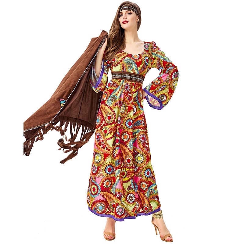 60s 70s Hippie Retro Cosplay Carnival Halloween Costume for Women Fancy Disguise Clothing Party Fringed Native Night Club