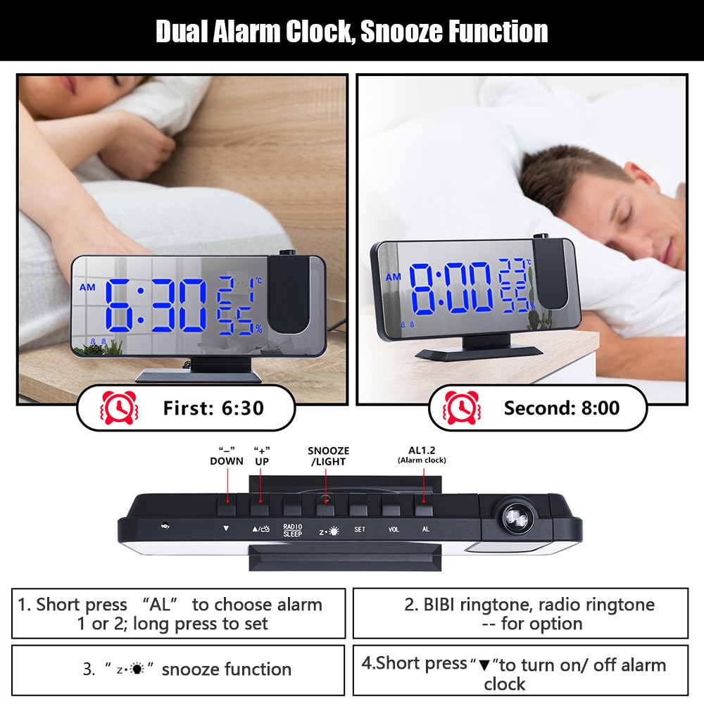 LED Digital Projection Alarm Clock Table Electronic Alarm Clock with Projection FM Radio Time Projector Bedroom Bedside Clock