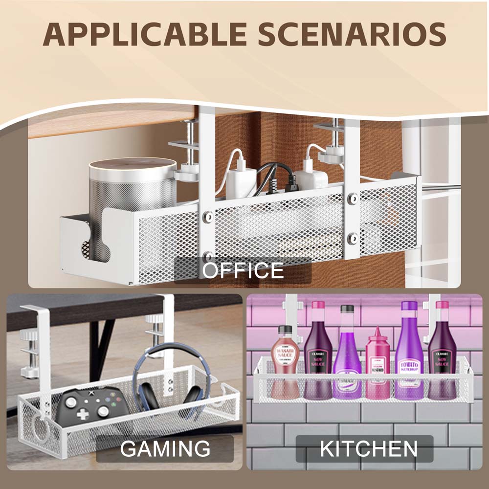 Under Desk Office Table Organizer Rack No Drill Steel Tray Clamp Mount Under Table Cord Wire Management Tray Cable Management